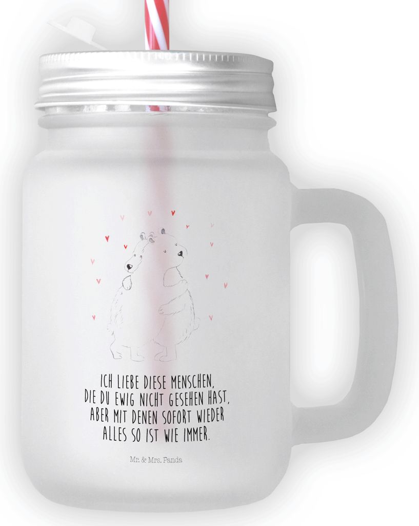 Mr. & Mrs. Panda Glas Eisbär Umarmen - Transparent - Geschenk, Mason Jar, Lustige Sprüche, Becher mit Strohhalm, Trinkglas, Cocktailglas, deckel