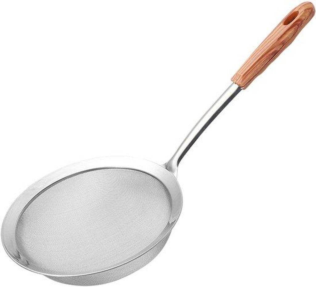 Feine Siebmaschine aus Edelstahl, Küchen-Sieb mit Holzoptik-Griff für Reis, Öl, Pasta, Nudeln, Gemüse, 38 x 13,5 cm