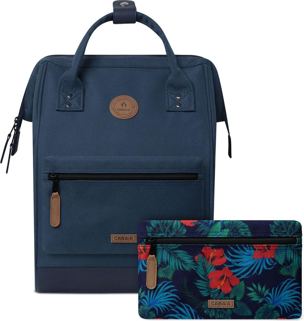 A navy blue backpack and a floral patterned pouch are displayed against a white background.