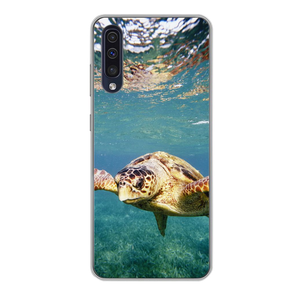 MuchoWow Handyhülle Schutzhülle Hülle für Samsung Galaxy A50 Schildkröte - Wasser - Blau Silikon Softcase Handy Hülle - Mobiltelefonhülle