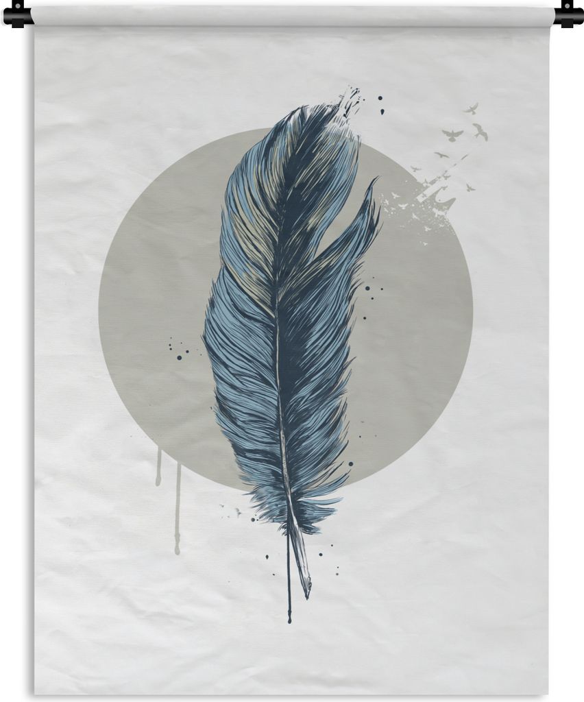 MuchoWow Wandteppich Wandbehang Feder - Mond - Vögel - Weiß 90x120 cm Tapisserie Dekoration Wandtuch - Wanddeko