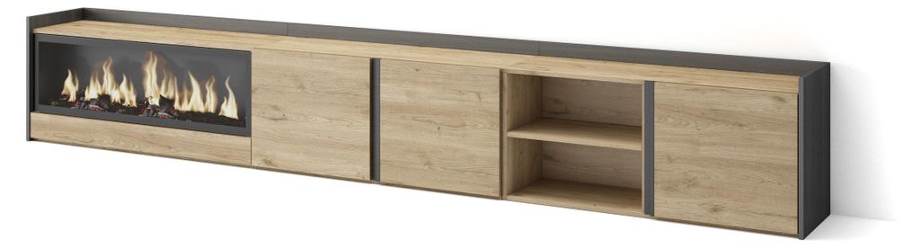 TV-Möbel Holzeffekt eiche schwarz 315x35x50cm Kamin mit Feuereffekt
