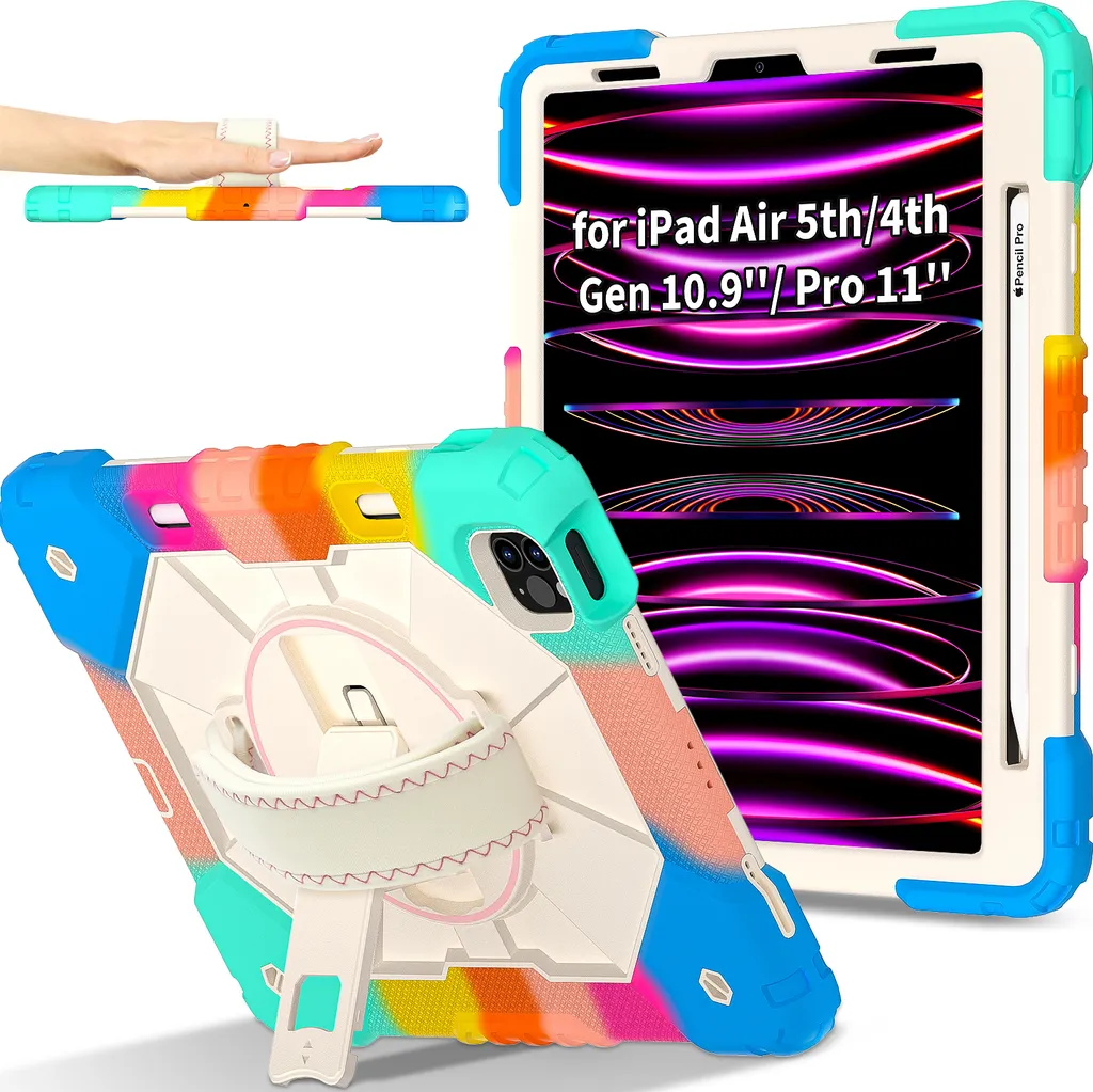 Étui iPad 10.9 pouces avec dragonne rotative et béquille rose