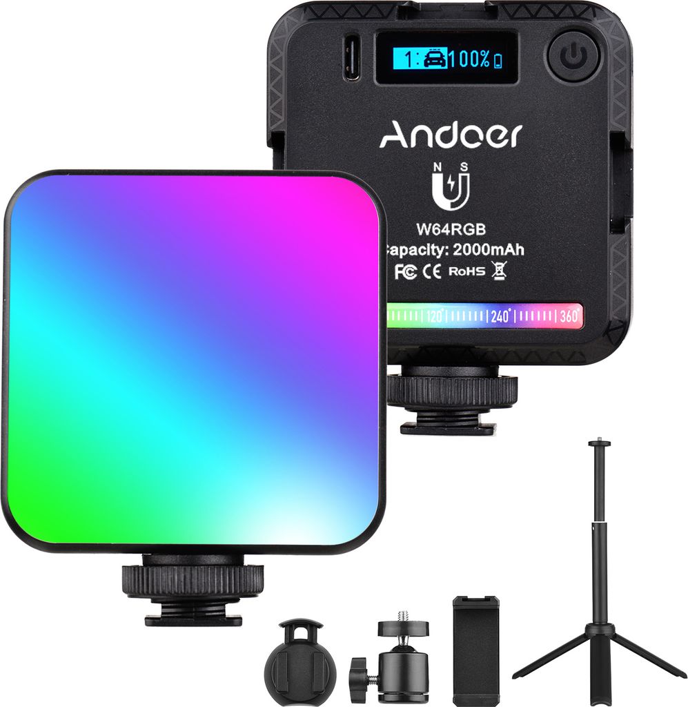 Andoer W64RGB Pocket RGB LED Video Light Kit Videokonferenzbeleuchtung CRI95+ 2500K-9000K Dimmbar 20 Lichteffekte Magnetische Rueckseite mit Tischs...