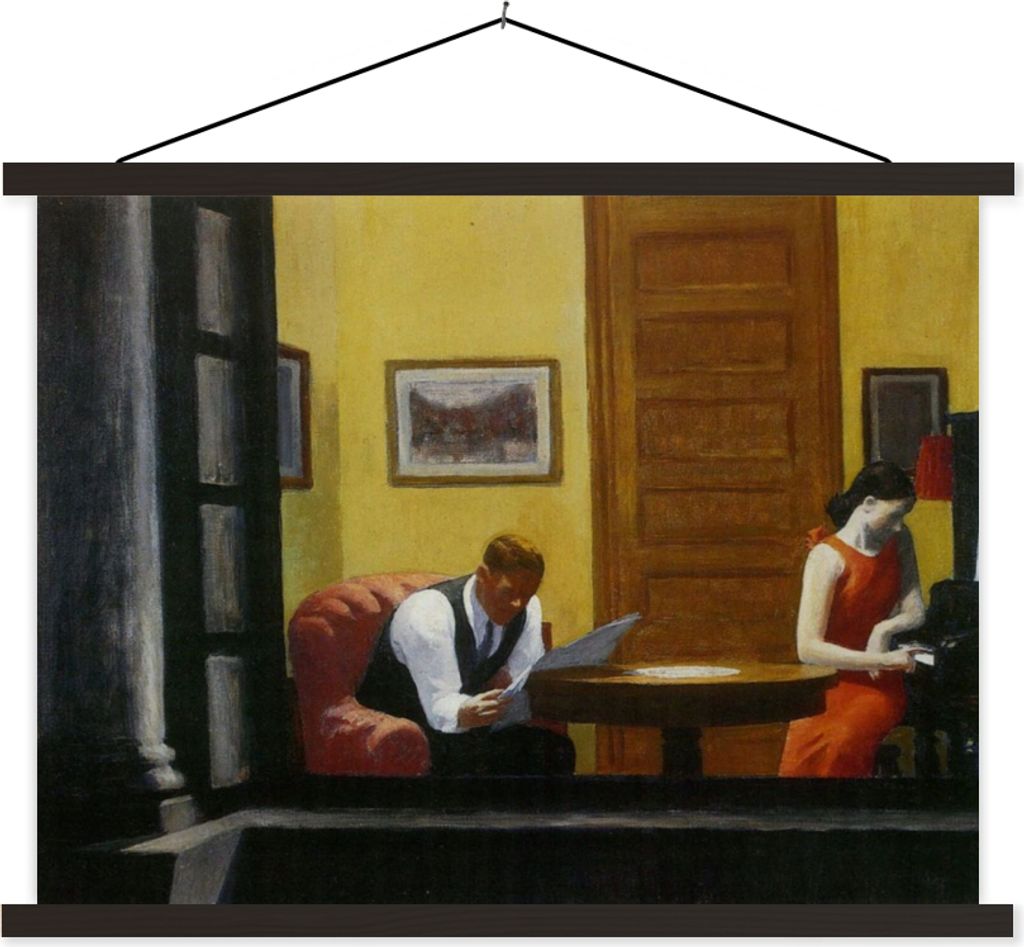 MuchoWow Textilposter Zimmer in New York - Edward Hopper 120x90 cm mit schwarzem Rahmen - Aufhänger für Poster