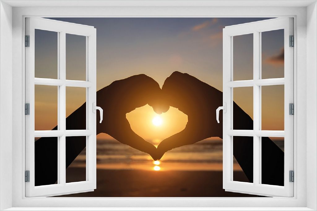 Wallario selbstklebendes Poster mit Fenster-Illusion - Liebe im Herzen der Sonne - Strand und Meer, Größe: 100 x 150 cm