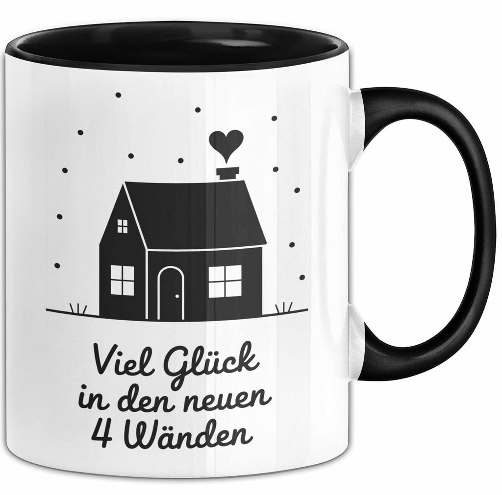 Neues Zuhause Eigentümer Tasse Geschenk Lustige Geschenkidee Spruch Viel Glück In Den Neuen 4 Wänden (Schwarz)