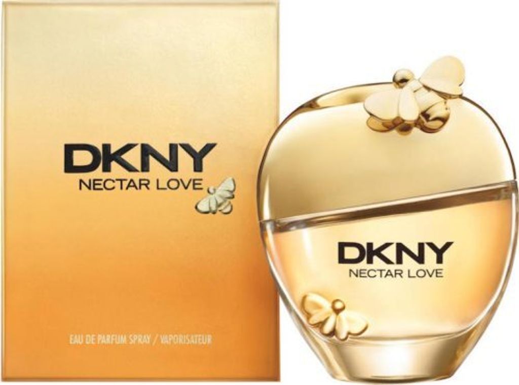A product shot of DKNY Nectar Love Eau de Parfum for women, with its packaging on the left and the perfume bottle on the right.