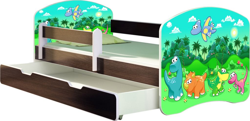 ACMA Jugendbett Kinderbett Junior-Bett Komplett-Set mit Matratze Lattenrost und Rausfallschutz Wenge 30 Dino 160x80 + Bettkasten