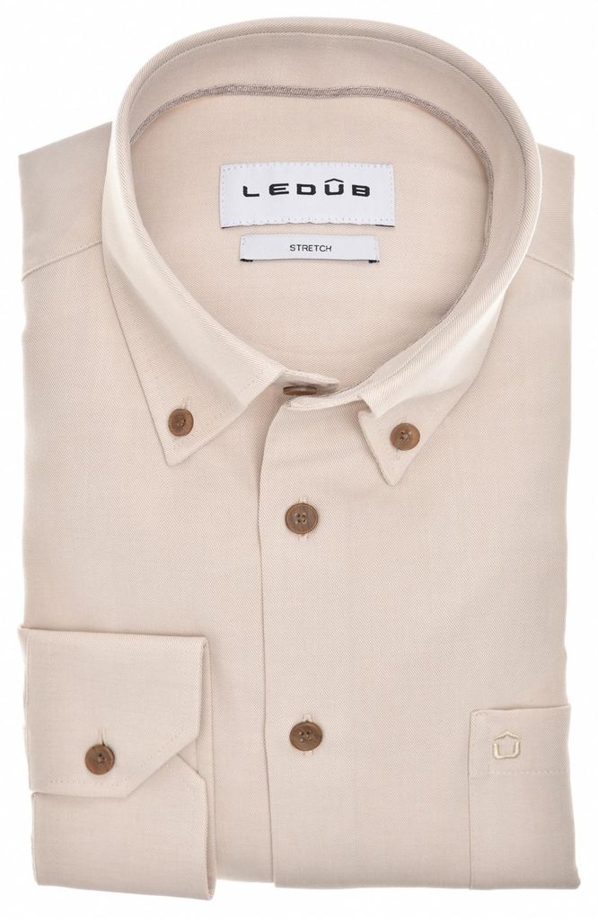 Ledub Hemden beige Modern Fit Baumwolle mit Brusttasche Button-Down