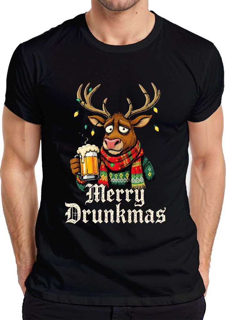 Merry Drunkmas Rentier Bier Weihnachten Lustig Geschenk Ugly Herren T-Shirt, Schwarz, XL