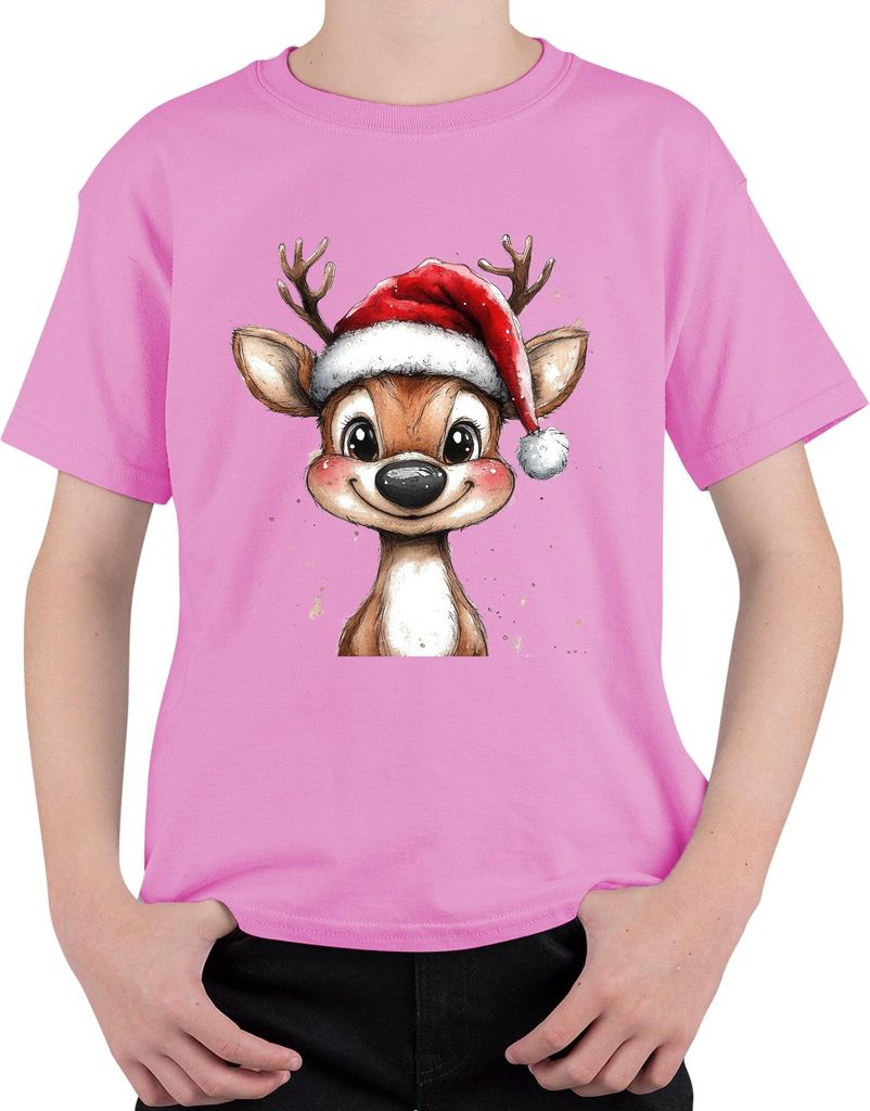 Weihnachtsrentier niedlich Aquarell Kinder Geschenk Vintage Uni Kinder T-Shirt, Pink, 152