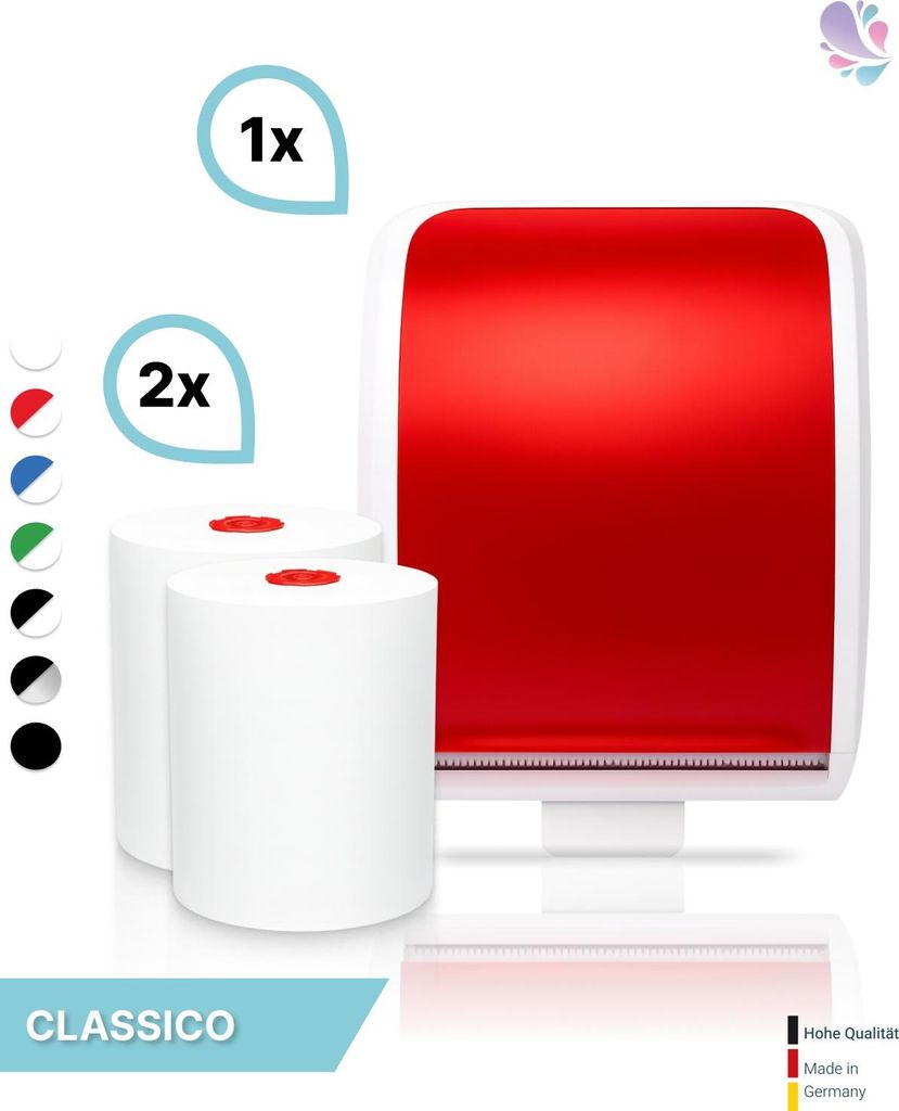 SET: Handtuchrollenspender Autocut, Blanc Cosmos verschied. Farben + 2 Handtuchrollen Classico - PRODUKTSET : Farbe - Rot / Weiß Farbe: Rot / Weiß