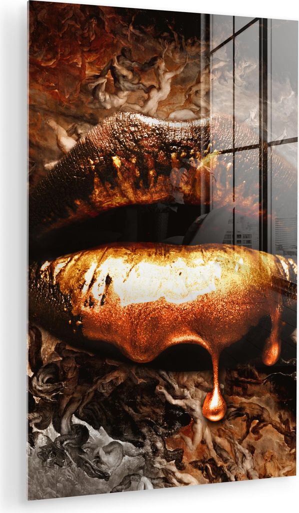 MuchoWow Glasbilder - Bilder auf Wandbild - Foto auf Glas Gold - Lippen - Kunst - Gold - Luxus - Abstrakt 20x30 cm Wanddekoration aus Glas - Acrylg...