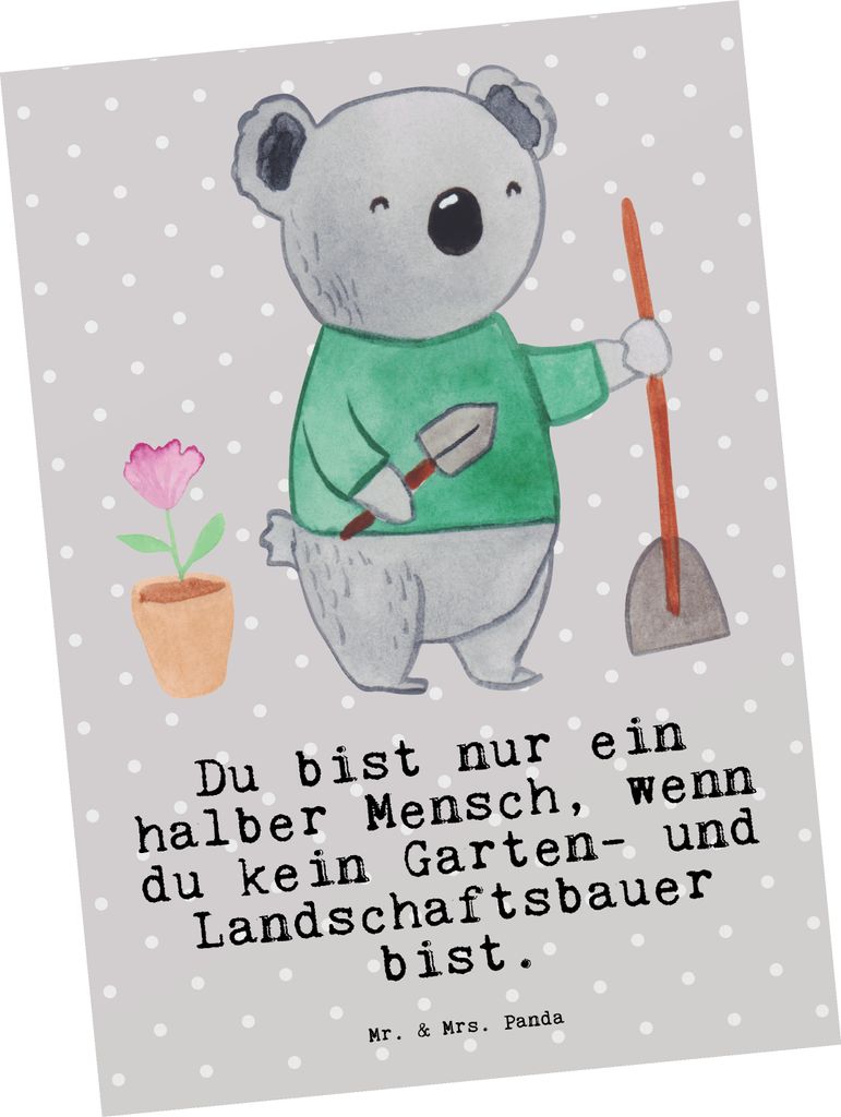 Mr. & Mrs. Panda Postkarte Garten- und Landschaftsbauer Herz - Grau Pastell - Geschenk, Grußkarte, Witzig, Ansichtskarten, Ansichtskarte, Postkart...