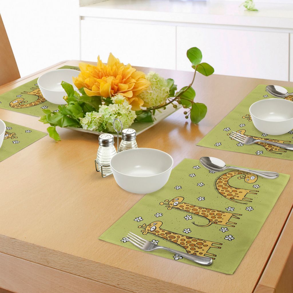 ABAKUHAUS Tier Platzmatten, Hand gezeichnete Illustration von Giraffen auf Hintergrund mit Blumen, Tiscjdeco aus Farbfesten Stoff für das Esszimme...