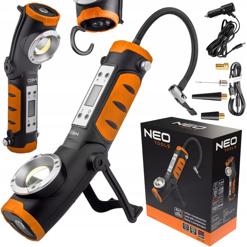 NEO TOOLS 4 in 1 Akku Lampe mit Kompressor - LED Arbeitsleuchte 800+400 Lumen, 10 BAR Luftpumpe, Scheibenhammer, USB C Aufladung, Notfall Werkzeug ...