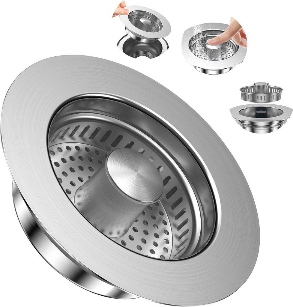 3-in-1 Spülenstöpsel aus Edelstahl, Sieb für Spüle 75–86 mm Produktbild 