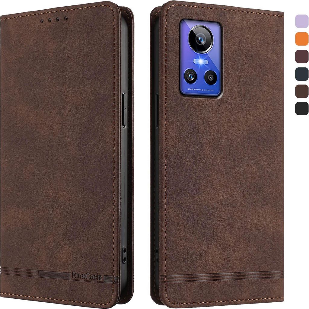 Hülle für Realme GT Neo 3, Retro Kunstleder Ständer Klapphülle mit Kartenfächer und Magnetische Braun