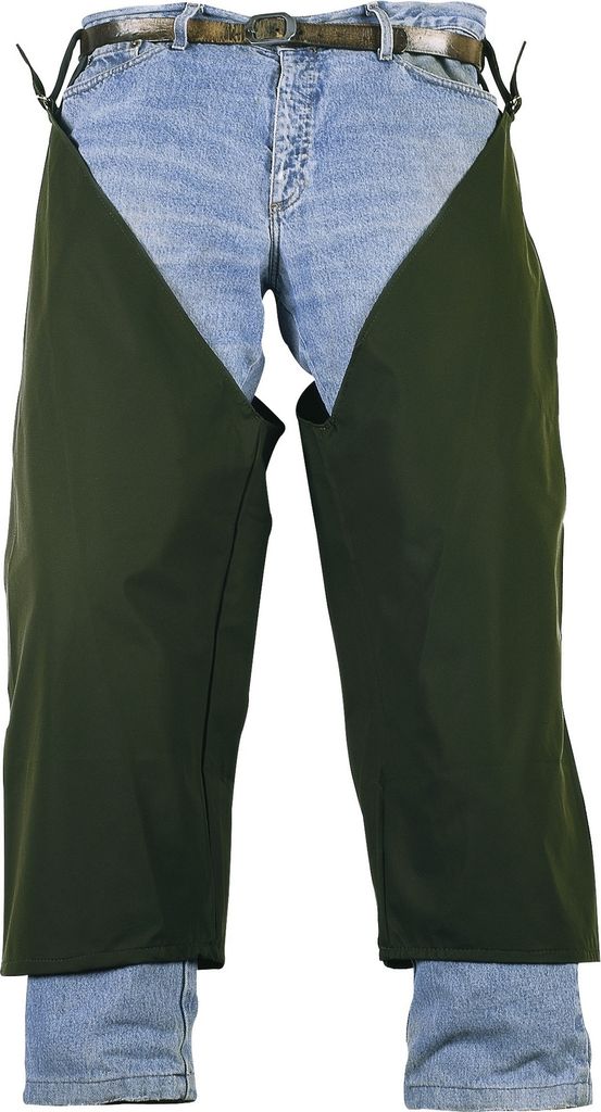 A pair of green chaps worn over blue jeans, presented against a white background.