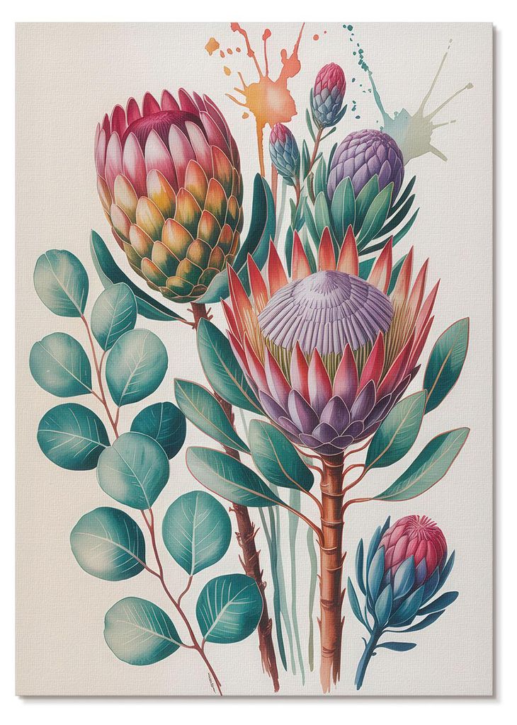 POSTER - 21x29 cm (A4) - Punkt Widzenia - Exotische Protea-Blüten, grüne Blätter - Wandbild für Wohnzimmer Schlafzimmer & Flur, Modernes Poster...