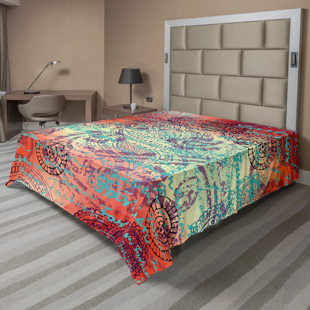 Drap de lit décoratif ethnique 266x260 cm turquoise et orange ABAKUHAUS