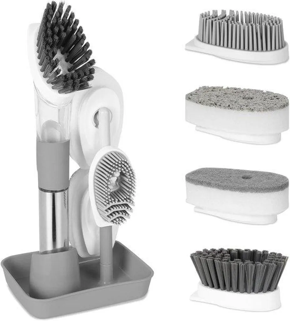 Brosse nettoyage vaisselle anti-fuite grise avec réservoir et 4 têtes