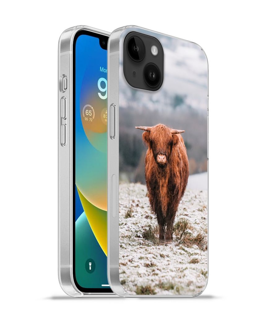 MuchoWow Handyhülle Schutzhülle Hülle für Apple iPhone 14 Plus - Soft case Schottischer Highlander - Schnee - Berg Silikon Softcase Handy Hü...