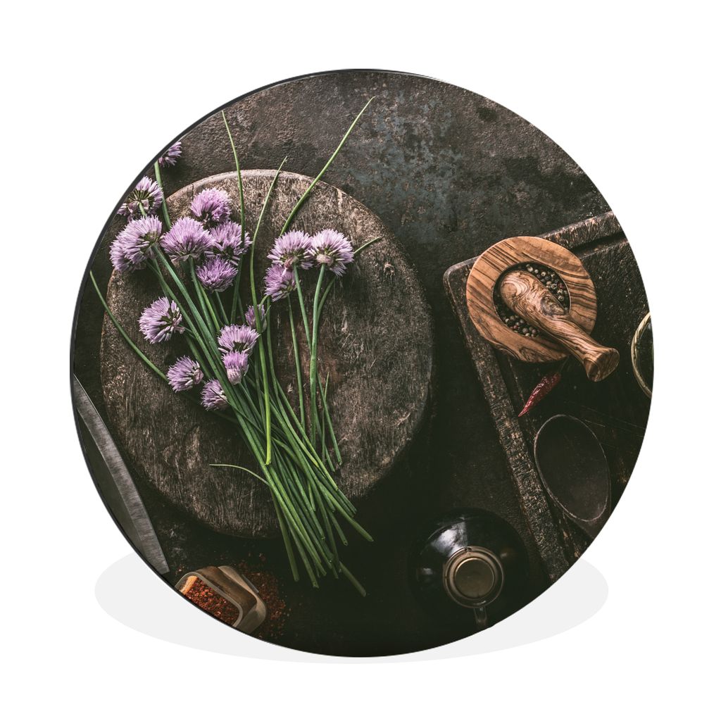 MuchoWow Aluminium Wandkreis Schnittlauch - Küche - Mörser - Rustikal - Kräuter - Lila Ø 30 cm Wanddeko Modern Wohnzimmer - Wand Bild - Wohnz...