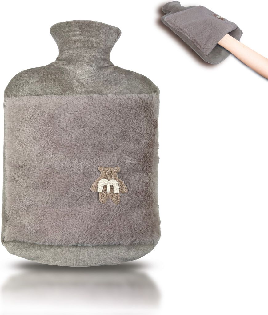 Wärmflasche 2.0L mit Deckel und Kuschelweichem Fellbezug, Kängurutasche - Auslaufsicher, Bettflasche mit weichem Abnehmbarem Bezug(Bär braun)
