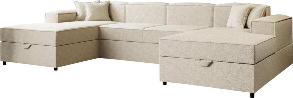 MIRJAN24 Wohnlandschaft Santos U Boucle, Ecksofa mit zwei Bettkästen und Schlaffunktion, U-Form, Polsterlehnen fest montiert (Farbe: Coral 65)