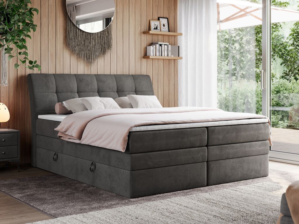 Boxspringbett Polsterbett mit Bettkästen Multipcket Matratze Doppelbett Kopfteil - GOLD 10 KING - 200x200 - Dunkelgrau Velvet - H4