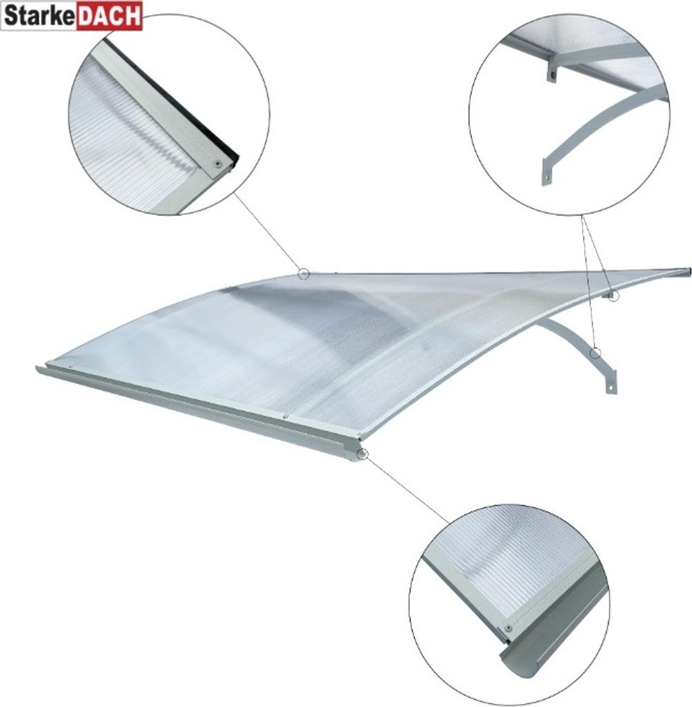 Vordach aus aluminium STARKEDACH L-160, Hellgrau, 160x100x25cm; mit 6mm polycarbonat beschichtung
