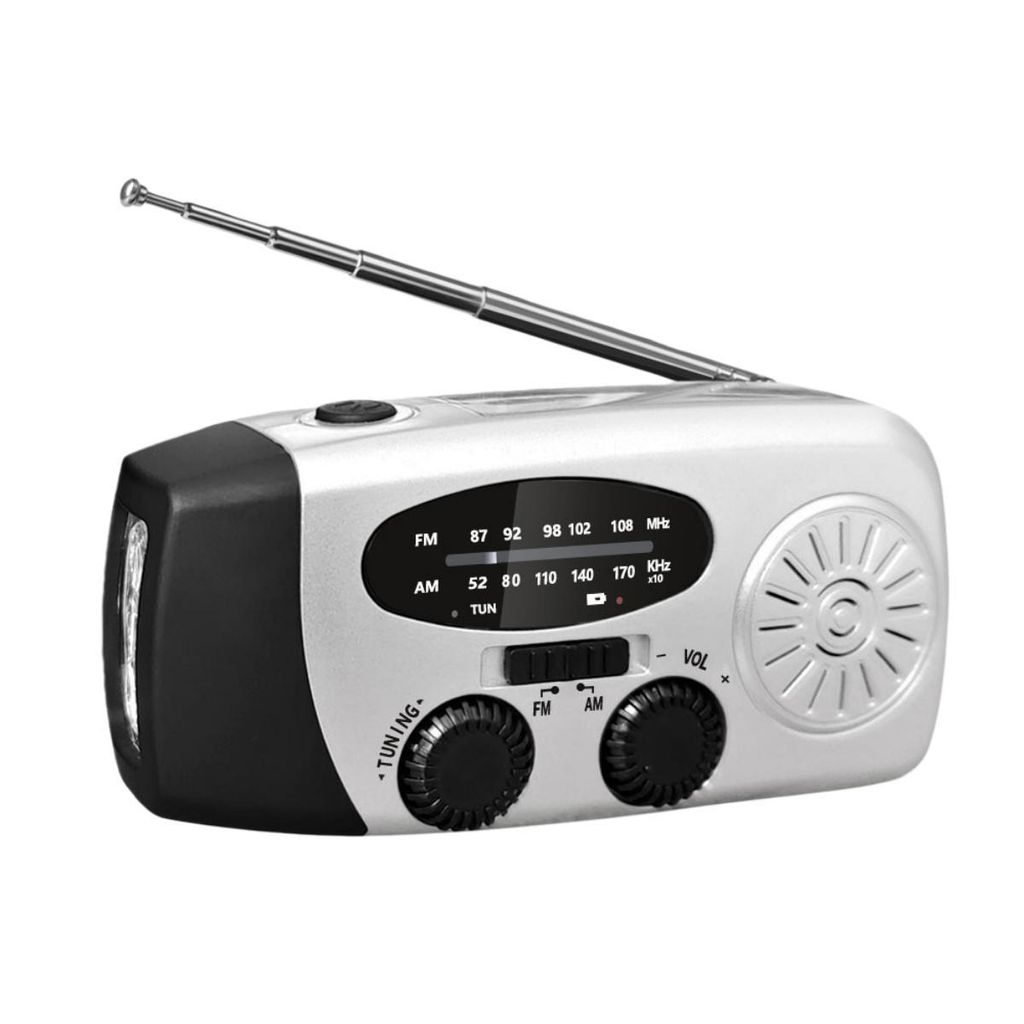 FORSMANO Notfallradio mit LED Taschenlampe, AM/FM/WB, Solar Handkurbel, USB Powerbank, IPX3 wasserdicht, 600mAh Output, mobiles Radio, Silber