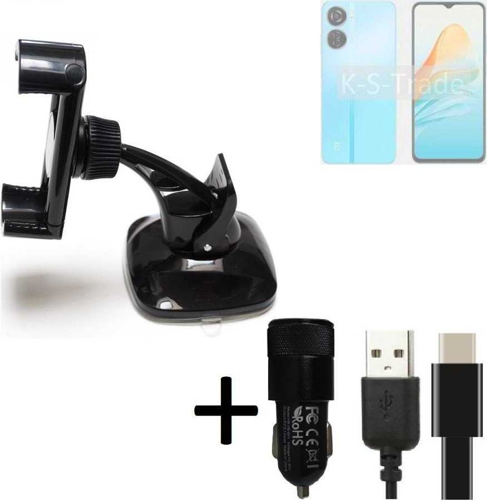 K-S-Trade Handy-Halterung kompatibel mit ZTE Axon 40 Lite Windschutzscheibe / Armaturenbrett + LADEGERÄT mit Mico USB Kabel Autohalterung