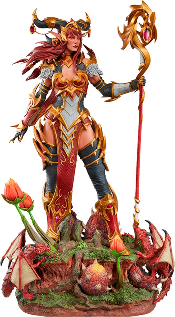 A detailed statue of the dragon queen Alexstrasza from World of Warcraft, standing on a rocky, dragon-themed base with small dragons and plants.
