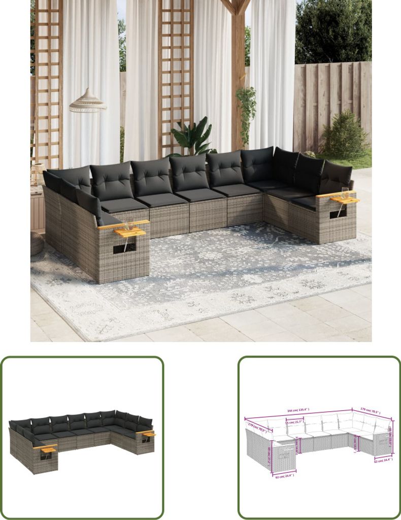 The Living Store 10-tlg. Garten-Sofagarnitur mit Kissen Grau Poly Rattan