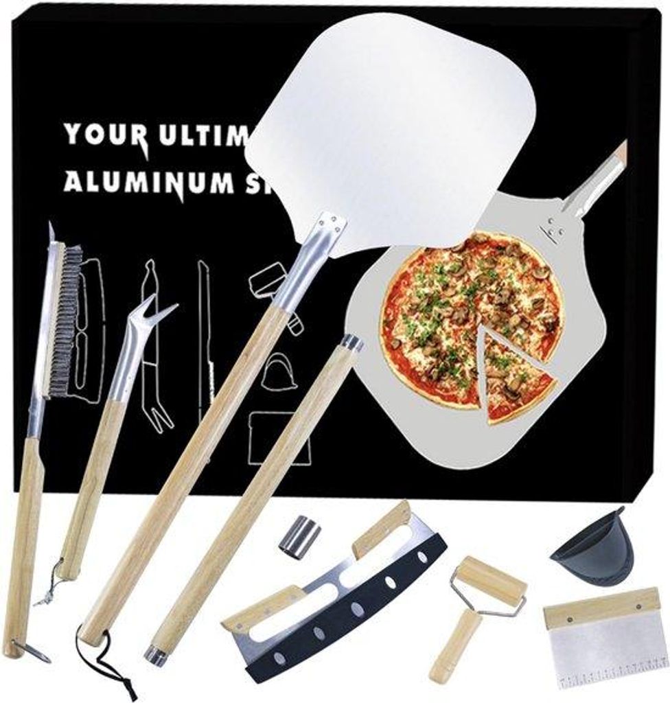 Pizzaofen Zubehör-Set - 12-Zoll Pizza-Reißeisen - Enthält Backreiniger, Teigroller & Krumbürste - Für Haus- & Außenpizzaöfen