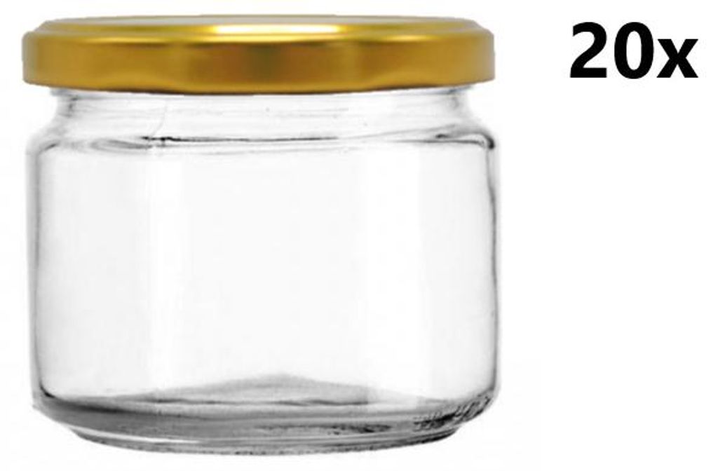A clear glass jar with a gold lid, presented on a white background.