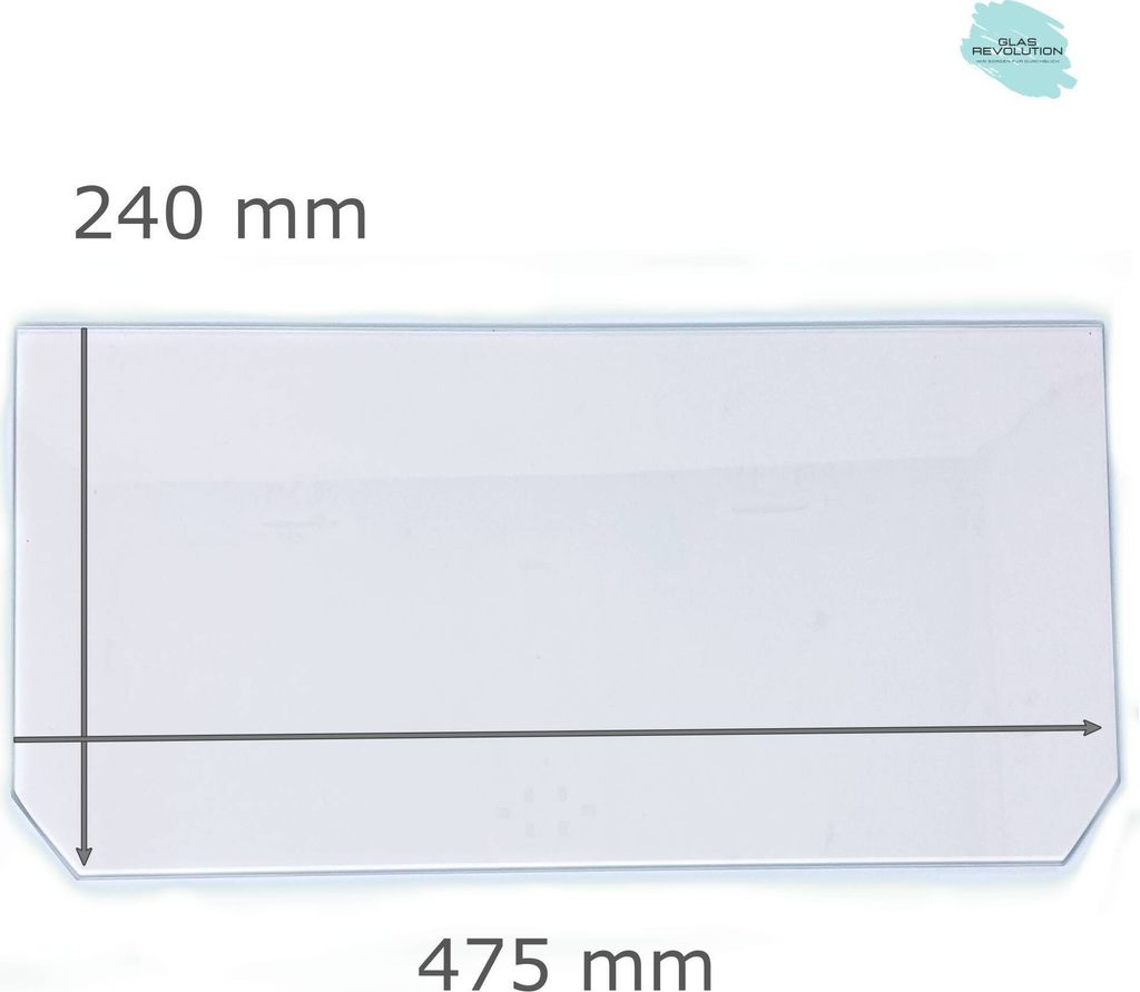 Kühlschrank Einlegeboden - Klarglas 4 mm - 2 abgeschrägte Ecken - 475 mm x 240 mm - (89,96 EUR / qm - Mindestbfl. 0,25 qm - Kantenb. 5,35 EUR / l...
