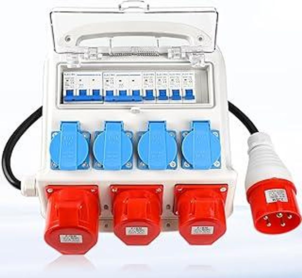 Wandverteiler Vorverkabelt Stromverteiler, 4x 230V Schuko Steckdosen + 2x CEE 16A + 1x CEE 32A, Baustromverteiler mit Leitungsschutzschalter, IP67 ...