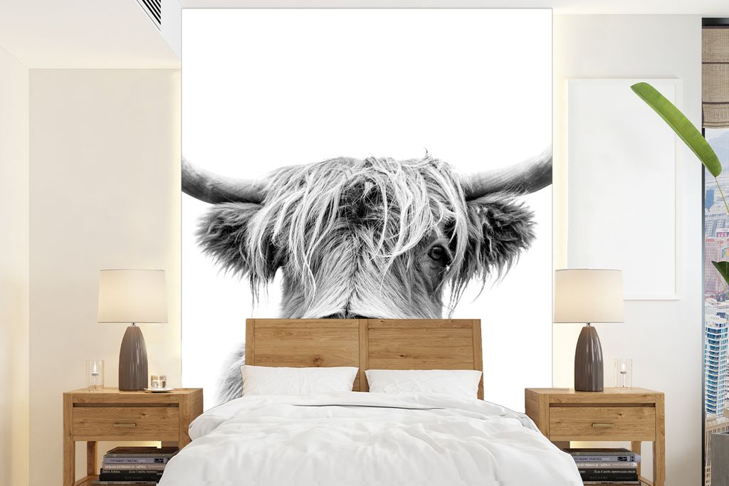 MuchoWow Fototapete für Wohnzimmer oder Schlafzimmer Wandtapete Vinyl Motivtapete Kuh - Schottischer Highlander - Schwarz - Weiß - 175x240 cm -...