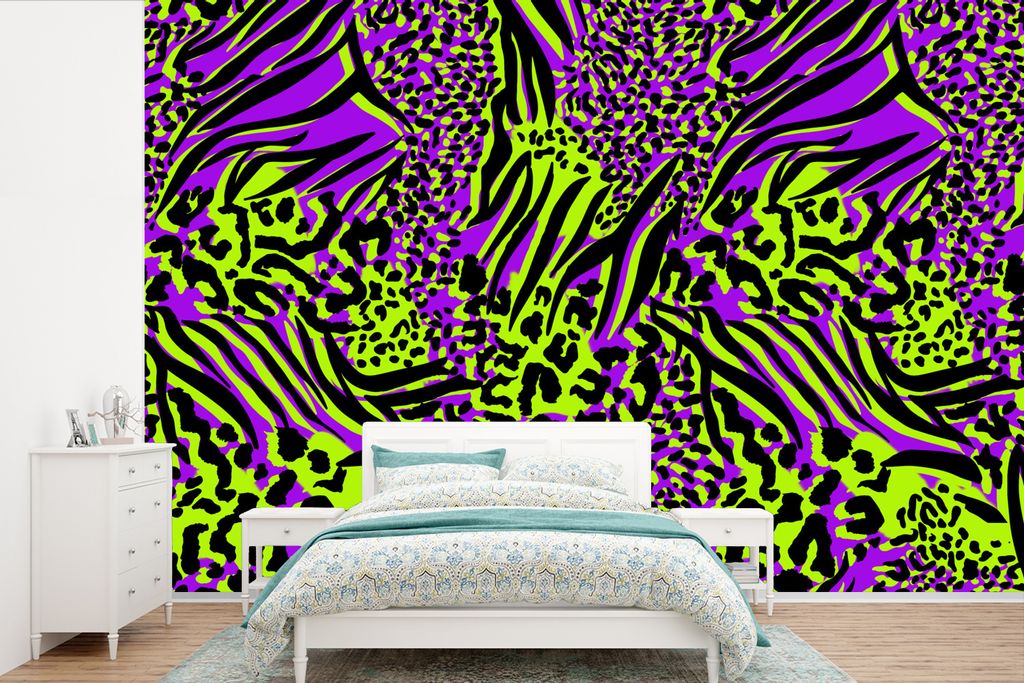 MuchoWow Fototapete für Wohnzimmer oder Schlafzimmer Wandtapete Vinyl Motivtapete Tiermuster - Neon - Lila - Grün - 360x240 cm - Vinyl-Tapete