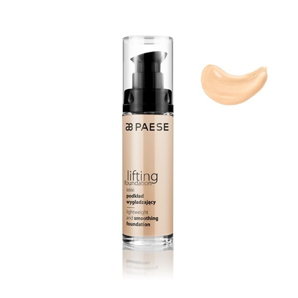 A bottle of Paese lifting foundation and a swatch of the foundation color.