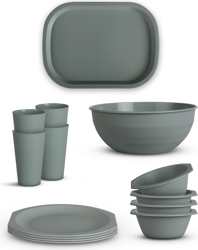 Geschirr Set ( Grün ) Bruchfester PP Kunststoff - BPA Frei - 14tlg. ( Schüssel, Teller, Becher, Tablett ) Spülmaschinenfest - Party Set Kinder C...