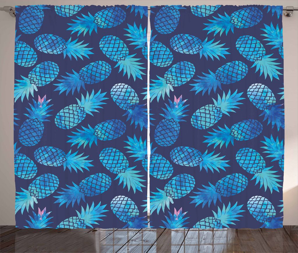 ABAKUHAUS Modern Rustikaler Gardine, exotische Ananas, Schlafzimmer Kräuselband Vorhang mit Schlaufen und Haken, 280 x 245 cm, Nachtblau Türkis