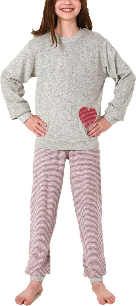 Mädchen Frottee Pyjama langarm mit Bündchen, Hose gestreift, Oberteil mit Herz-Motiv ; grau , 122