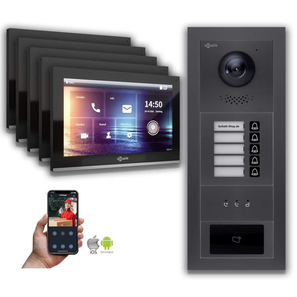Goliath IP Video Türsprechanlage: 10-Zoll 5 Familienhaus, RFID, Anzeige, Anthrazit : 10 Zoll Schwarz : Unterputzdose Monitor Farbe: 10 Zoll Schwa...