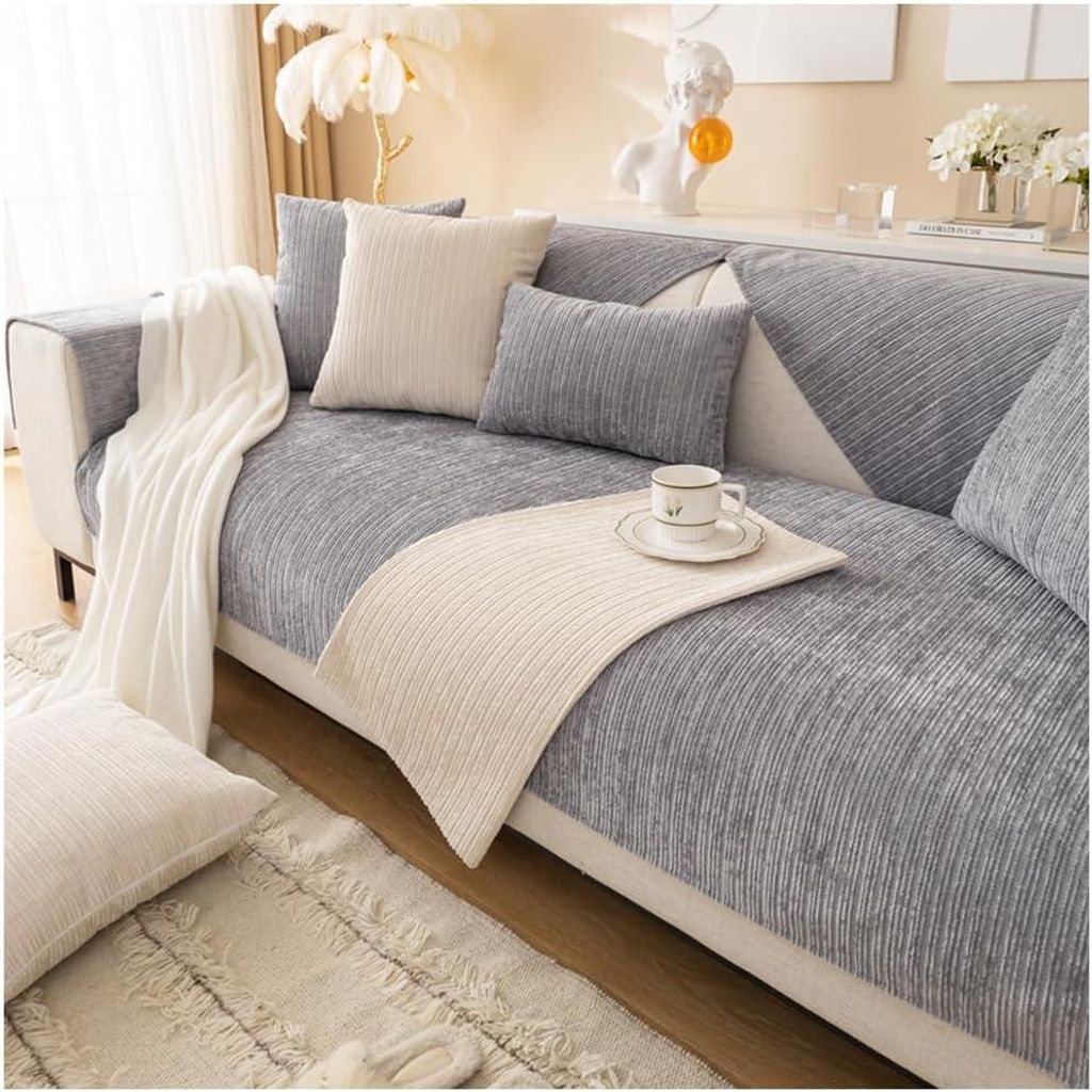 Housse de canapé en chenille antidérapante toute saison avec particulate silikon, gris, 90x210 cm