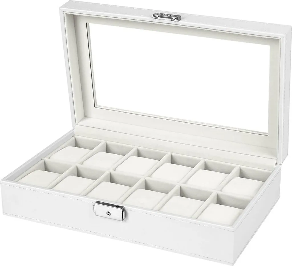 Coffret blanc pour 12 montres avec vitre en verre et coussins doux